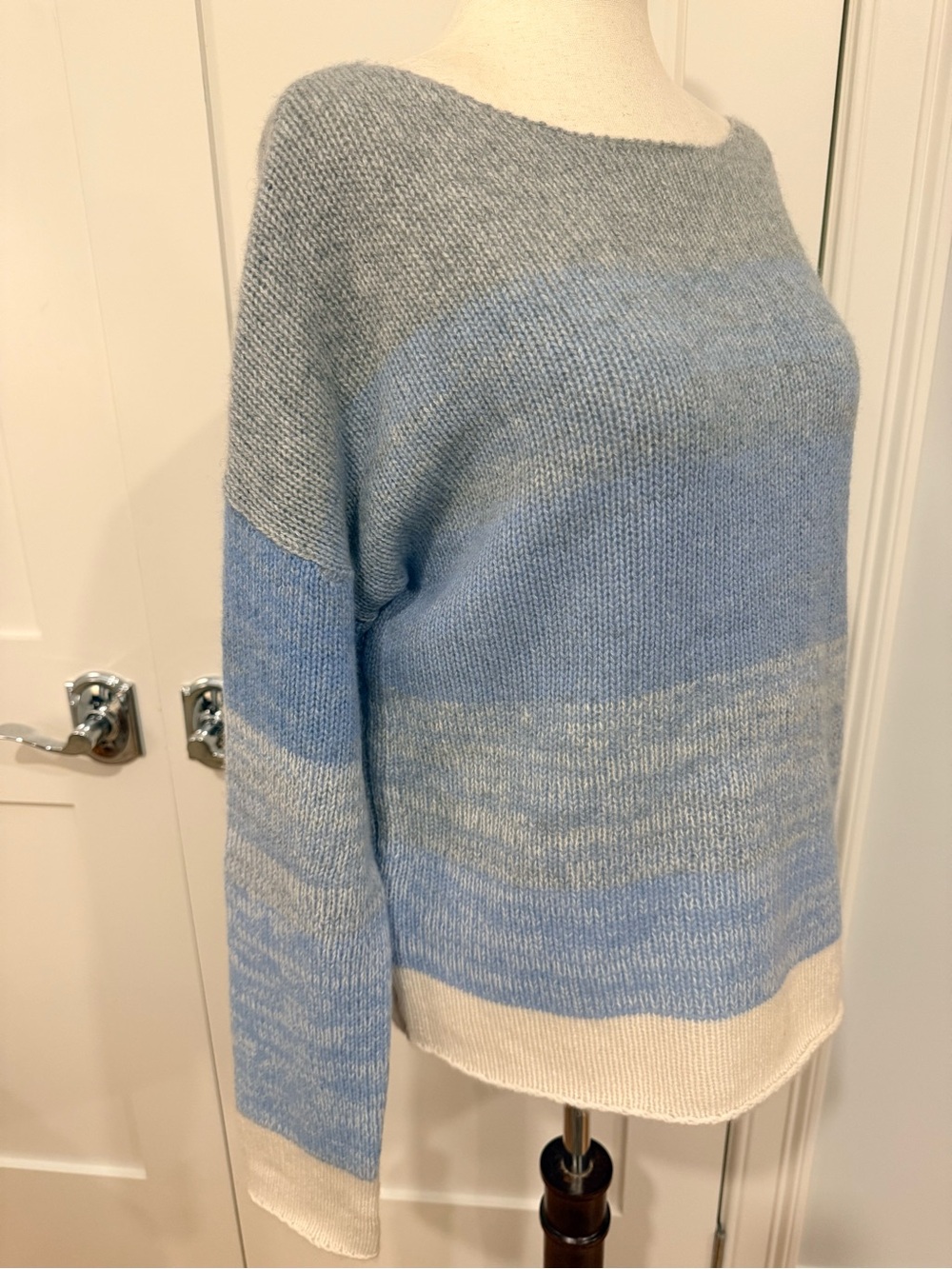 Skull Cashmere Crewneck Sweater in Light Blue, Gray & Cream with Graphic - Picture 8 of 15